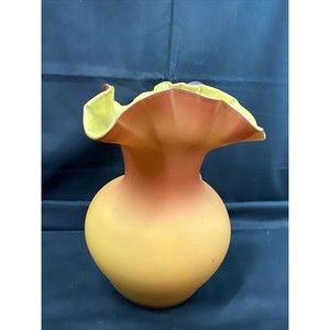 Murano Italy Pink Brown Yellow Satin Burmese Crimp-Ruffled Top Handle Pitcher